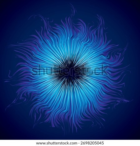 Bright cold cyan circular midpoint shape mystic art design. Sacred magic soul disc sphere form in modern creative tech line style. Navy aqua color motley power blast ball symbol on dark fond for text