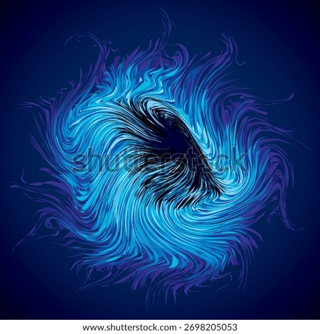 Bright cold cyan circular midpoint shape mystic art design. Sacred magic soul disc sphere form in modern creative tech line style. Navy aqua color motley power blast ball symbol on dark fond for text