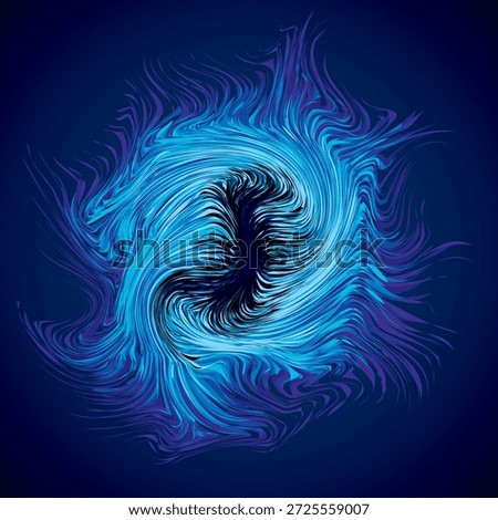 Bright cold cyan circular midpoint shape mystic art design. Sacred magic soul disc sphere form in modern creative tech line style. Navy aqua color motley power blast ball symbol on dark fond for text