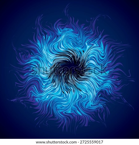 Bright cold cyan circular midpoint shape mystic art design. Sacred magic soul disc sphere form in modern creative tech line style. Navy aqua color motley power blast ball symbol on dark fond for text