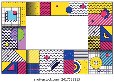 A bright collage consisting of blocks of different lengths, shapes, colors and with different patterns. The empty space in the middle of the collage can be used as a place for any illustration.