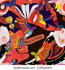 Bright collage in a modern style of flowers, birds, lettering. Seamless pattern. 