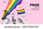 Bright collage for Pride Month events. Vector banner with halftone hands, loudspeaker and rainbow flags. Collage with rainbow heart, cut out paper elements and doodles for decoration of LGBT events.