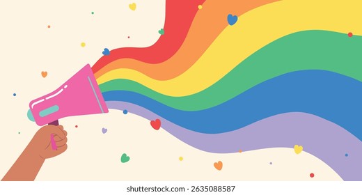 Bright collage for Pride Month events. Hand holding loudspeaker and rainbow background.