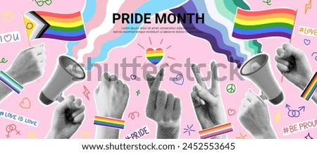 Bright collage for Pride Month events. Vector banner with halftone hands, loudspeaker and rainbow flags. Collage with rainbow heart, cut out paper elements and doodles for decoration of LGBT events.