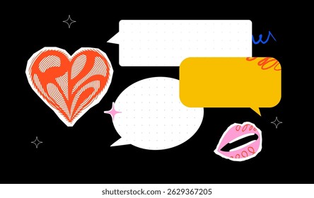 A bright collage of stylized hearts, speech bubbles and lips. Textured template design for discussion and reminders.