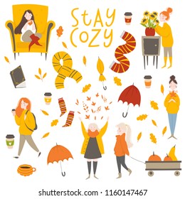 Bright collection of autumn stickers with young women or girls dressed in cozy clothes. Set of cute autumn cartoon illustrations. Fall season. Collection of scrapbook elements