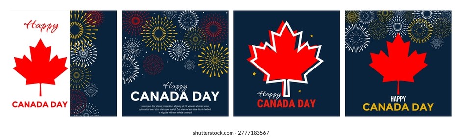 Bright collection of Canada Day posters. Fireworks, Canadian flag, maple leaf perfect for decorating holiday materials: cards, posters, banners, digital greetings, and social media.