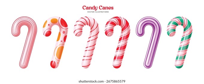 Bright collection of candy canes in striped, dotted, and colorful patterns. Perfect for Christmas cards, sweets packaging, holiday design projects, and seasonal decorative elements.