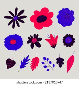 Colección luminosa de elementos de flores y hojas. Textura en estilo doodle. Imprimir para impresión y decoración.