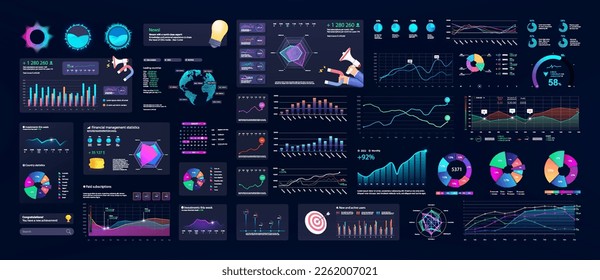 Bright collection elements - infographics, diagrams, charts for dashboard, data analysis, online statistic. Dashboard information mockup panel. UI, UX, KIT elements design. Vector, presentation data