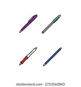 Una colección brillante de cuatro instrumentos de escritura que incluyen bolígrafo púrpura, bolígrafo verde, marcador rojo y bolígrafo azul, perfecto para tareas de oficina, escuela, notas y dibujo creativo.