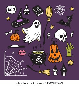 Bright collection of Halloween sticker sketch set. Big set of hand drawn doodle. Collection halloween and magic elements. Pumpkins, ghost, skull, pot, hat.