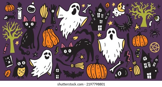 Bright collection of Halloween sticker sketch set. Big set of hand drawn doodle. Collection halloween and magic elements. Pumpkins, ghost, skull, black cat, pot, hat.