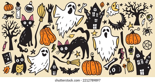 Bright collection of Halloween sticker sketch set. Big set of hand drawn doodle. Collection halloween and magic elements. Pumpkins, ghost, skull, black cat, pot, hat.