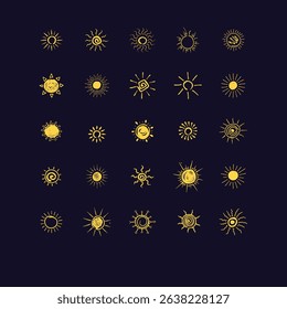 A bright collection of hand-drawn sun symbols and doodles. Featuring golden suns, sunbursts, celestial motifs, and cosmic sketches—perfect for summer designs, weather illustrations, astrology projects