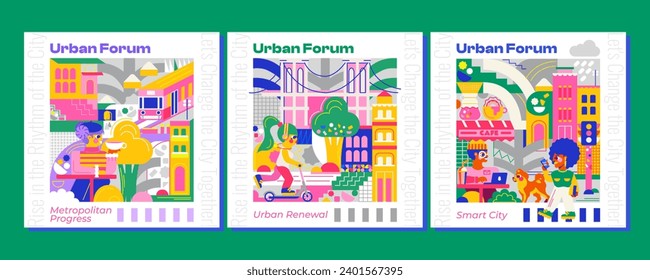 A bright collection of illustrations for the urban forum. It represents a modern, smart city with dynamic urban life. Reflects the combination of sports, coffee culture and community unity.