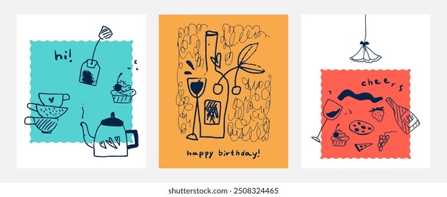 Bright collection of naive art style vector illustrations for birthday and good day, featuring simple doodle designs, wine, food, festive greetings. set of greeting cards in a childlike