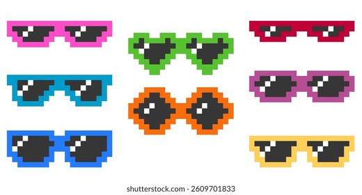 Bright collection of pixel 8 bit stylized sunglasses.