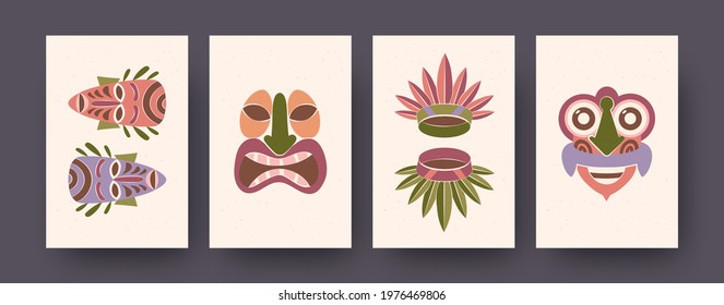 Bright collection of posters with ritual elements. Crowns of leaves and scary masks. Culture, history, religion concept for banner, flyer designs