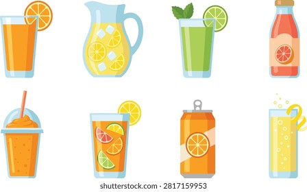 A bright collection of refreshing citrus beverages including iced lemonade, orange juice, lime mocktails, grapefruit juice bottle, and soda can. Ideal for summer party invitations, cafe drink menus, juice bar branding, and food packaging graphics.