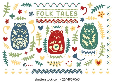 Bright collection in scandinavian folk style. Forest ethnic fairy-tale motifs, ornaments, cute bear cubs, inscription, leaves and flowers for children, textiles, postcards, decor, patterns, interior