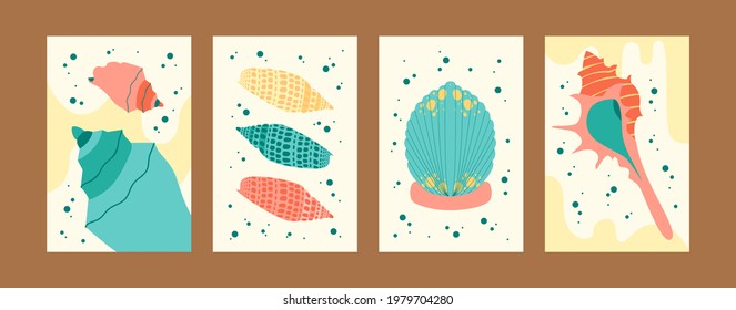 Bright collection of seashell illustrations. Seashore images set in creative style. Cute seashells on gentle background. Sea life concept for banners, website design or landing page