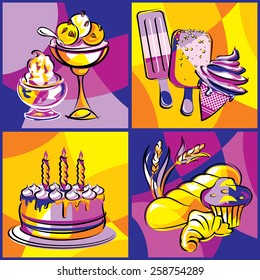 bright collection of vector images of various sweets and desserts 