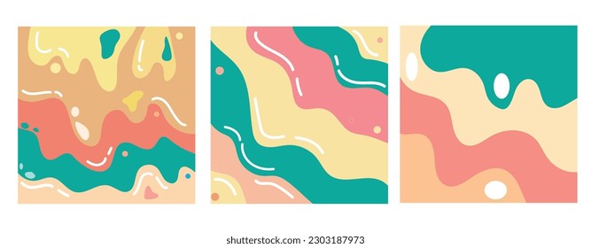 bright color abstract background template set. Melted flowing ice cream background for poster, card, invitation, flyer, cover, banner, placard, brochure and other graphic design. Vector illustration.