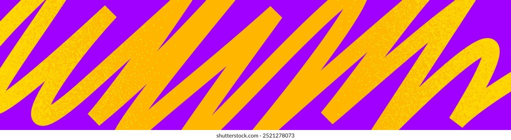 Anuncio abstracto de color brillante con líneas audaces y textura granulada. Fondo púrpura y amarillo. Ilustración vectorial.