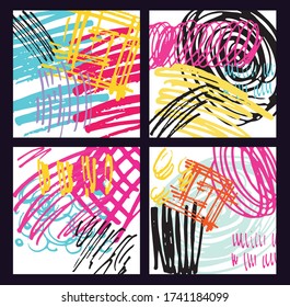 Bright color abstract elements. Template design for poster, banner, social media post. Color Trendy color bright hand drawn doodle abstract background.