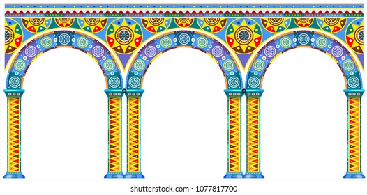 A bright color arch of the carousel or children Park. Russian or Oriental style. The cover of the book. Vector graphics