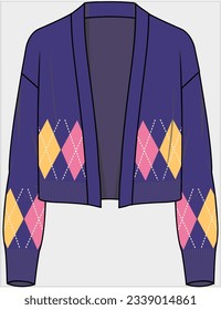 BRIGHT COLOR ARGYLE PATTERN KNIT LCROP LENGTH CARDIGAN WITH LONG SLEEVES DESIGN FOR WOMEN AND GIRLS IN EDITABLE VECTOR FILE