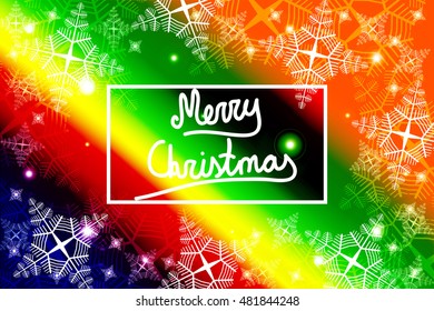 Bright COLOR background for a Christmas card with a handwritten inscription Merry Christmas. Snowflakes. Vector illustration. For the design, printing, greeting materials.