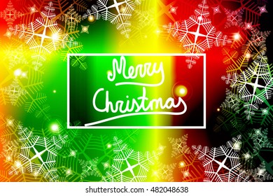 Bright COLOR background for a Christmas card with a handwritten inscription Merry Christmas. Snowflakes. Vector illustration. For the design, printing, greeting materials.