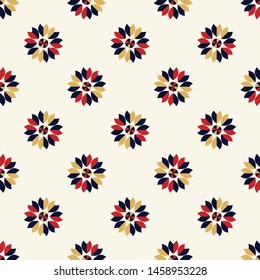 Bright color background geometrical elements blue,red and cream white flower  seamless pattern