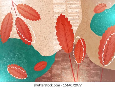 Bright color background. Wavy shapes, abstract leaves, texture of particles and drawn lines. Design template for banners, flyers or posters. Vector illustration