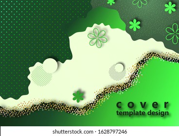 Bright color background. Wavy shapes, floral elements, many dots and particles. Design template for banners, flyers or posters, covers. Vector illustration