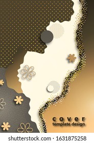 Bright color background. Wavy shapes, floral elements, many dots and particles. Design template for banners, flyers or posters, covers. Vector illustration