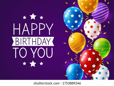 Bright color balloons with ornate and confetti on purple background - birthday greeting card design