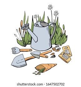 Bright color beautiful garden composition with seeds, seedlings, watering can,rake, shovels and greens, grass. Hand drawn vector illustration for gardening decoration and design, garden fair, shop.