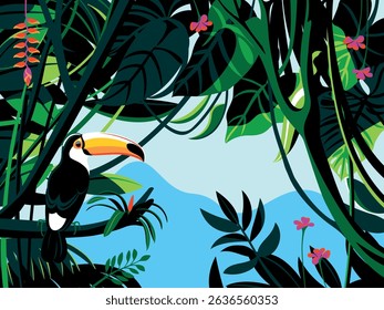 Bright color bird toucan in the thickets of the flowering rainforest. Handmade drawing vector illustration. Can be used in cards, books, banners etc.