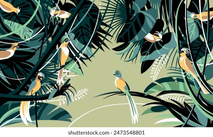 Bright color birds in the thickets of the flowering rainforest. Handmade drawing vector illustration. Pop art style.