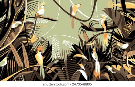 Bright color birds in the thickets of the flowering rainforest. Handmade drawing vector illustration. 