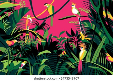Bright color birds in the thickets of the flowering rainforest. Handmade drawing vector illustration. Pop art style.
