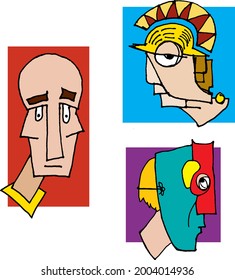 Bright Color Block Sketchy Masked Adorned Staring Deadpan Expression Hand Drawn Cartoon Heads Faces
