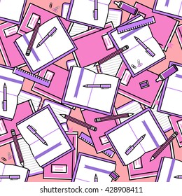 Bright color books pattern, notebooks, pens, vector seamless pattern learning about education and office work. Back to school pattern