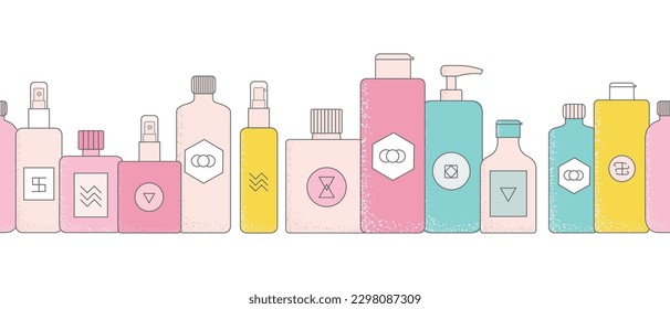 Bright color cartoon cosmetic bottles, jars. Eco face cream tubes, cleanser, soap for bath, oil scrub, lotion facial gel vector illustrations.