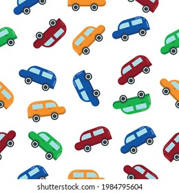 Bright color children s seamless pattern consisting of images of toy cars in blue,green, red and orange colors. Car pattern for the print. Vector illustration on white background