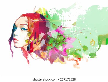 Bright color composition with female face and flowers